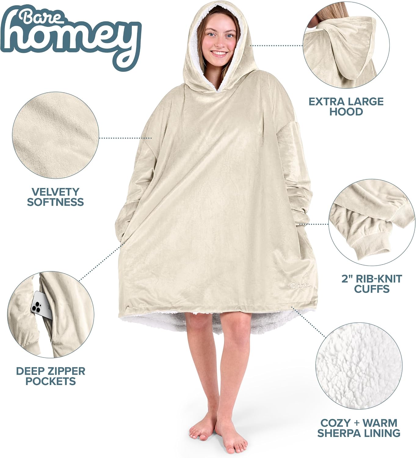 Bare Home Wearable Blanket Hoodie - Soft Plush Sherpa - Warm and Cozy - Oversized Wearable Blanket