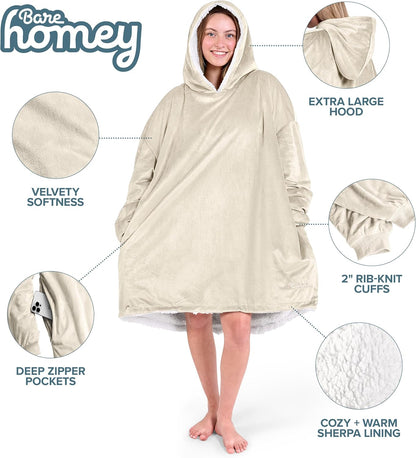 Bare Home Wearable Blanket Hoodie - Soft Plush Sherpa - Warm and Cozy - Oversized Wearable Blanket