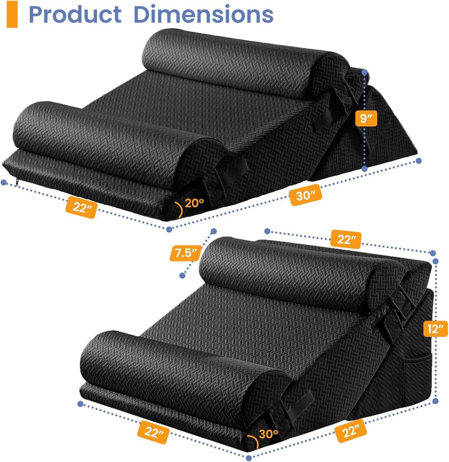 Sasttie Wedge Pillow Set for After Surgery, 2PCS Adjustable Bed Wedge Pillow Headboard with Memory Foam Neck Cushion – for Acid Reflux, Sleeping, Neck & Back Support, Dark Grey & White