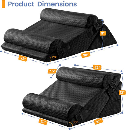 Sasttie Wedge Pillow Set for After Surgery, 2PCS Adjustable Bed Wedge Pillow Headboard with Memory Foam Neck Cushion – for Acid Reflux, Sleeping, Neck & Back Support, Dark Grey & White