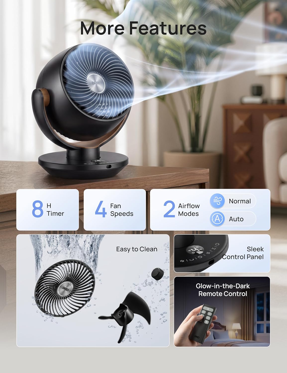 DREO Fan for Bedroom, Desk Air Circulator Fan with Remote, 11 Inch Table Fans for Whole Room, 65ft Powerful Airflow, 120° Vertical Manual +90° Oscillating, 4 Speeds, 8H Timer, 25dB Quiet Fan, Home