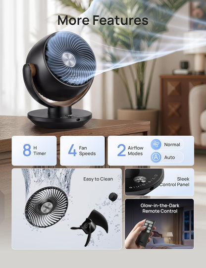 DREO Fan for Bedroom, Desk Air Circulator Fan with Remote, 11 Inch Table Fans for Whole Room, 65ft Powerful Airflow, 120° Vertical Manual +90° Oscillating, 4 Speeds, 8H Timer, 25dB Quiet Fan, Home