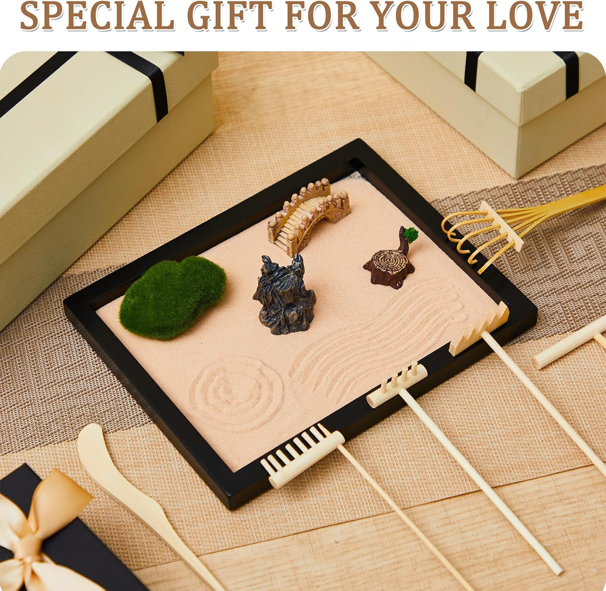 Soulchen 8 Pcs Mini Zen Garden Kit for Table Decor DIY Your Own Zen Garden 8.5" x 6.7" Japanese Sand Tray 6 Rake Tools Meditation Gifts Set for Home Office Tabletop Accessories Therapy Stress Relief