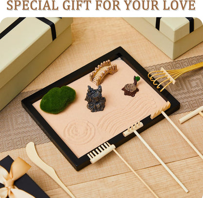 Soulchen 8 Pcs Mini Zen Garden Kit for Table Decor DIY Your Own Zen Garden 8.5" x 6.7" Japanese Sand Tray 6 Rake Tools Meditation Gifts Set for Home Office Tabletop Accessories Therapy Stress Relief