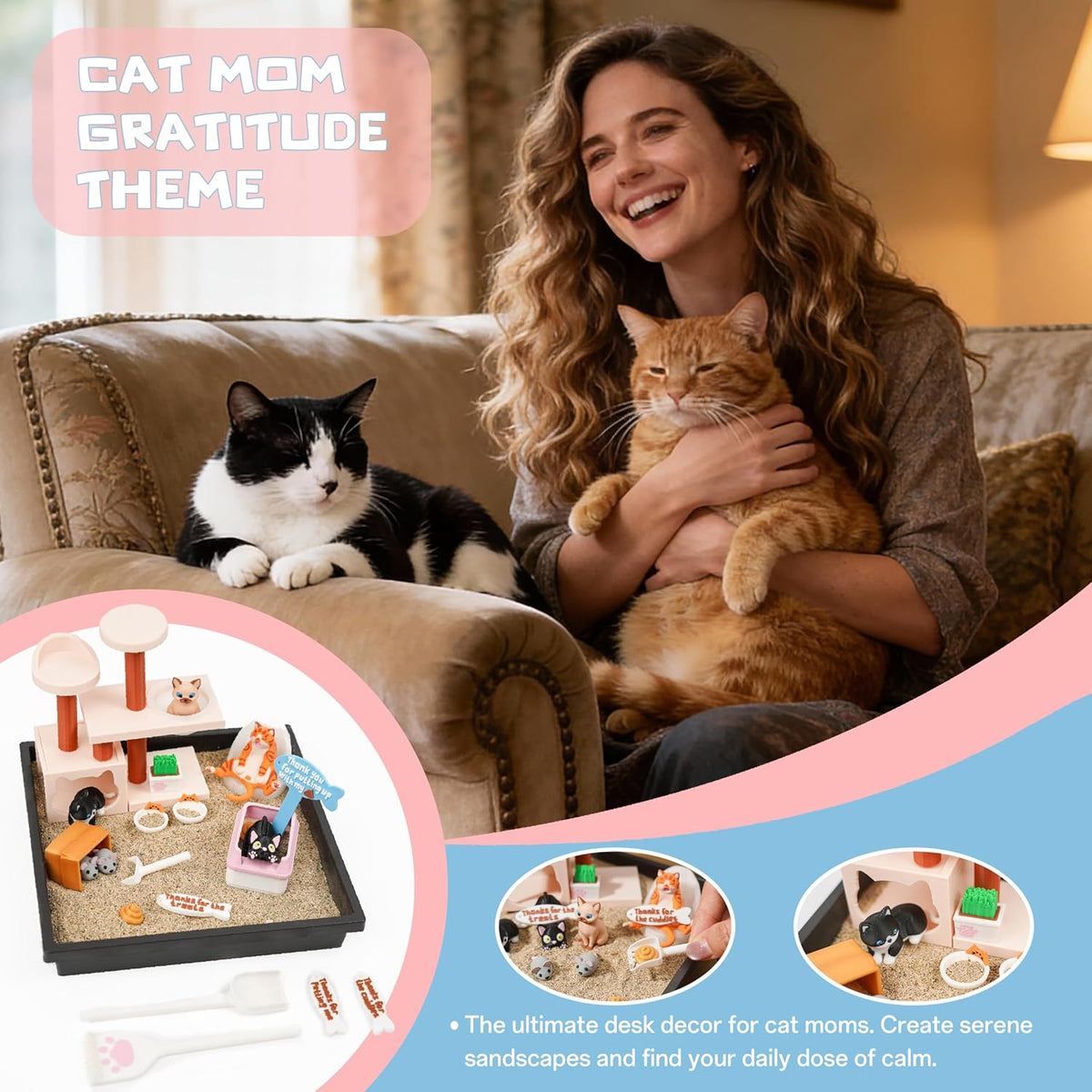 Tian Zhun Cat Lover Gifts for Women Adults Cat Mom Gifts Mini Zen Garden for Desk Cats Themed Gift Sand Tray Therapy Kit Sand Included