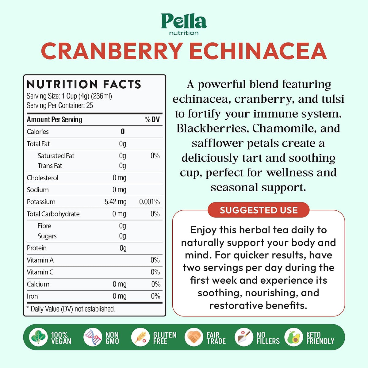 Pella Nutrition Cranberry Echinacea Herbal Functional Tea - 25 Teabags