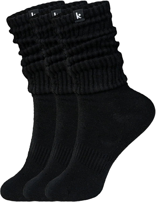 Kamo Fitness Cozy 3-Pair Pack - Scrunch Long Crew Socks for Women, Soft & Breathable Boot and Slouch Socks, Size 5-9