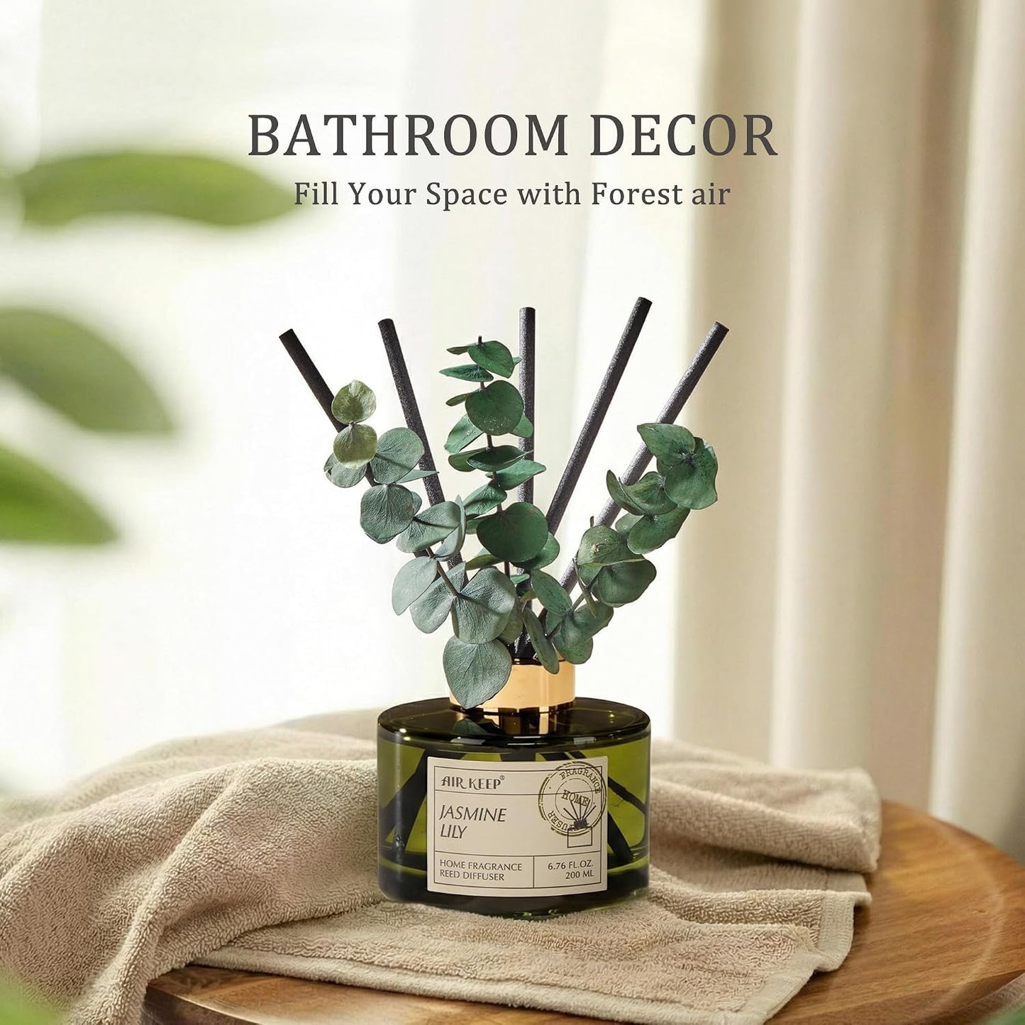 Airkeep Reed Diffuser Set with 6.76 fl oz Forest Mist Scent Essential Oils and 3 Leaves & 8 Diffuser Sticks,Bathroom Shelf Decor & Air Freshener, House Bedroom Office Decor & Gifts