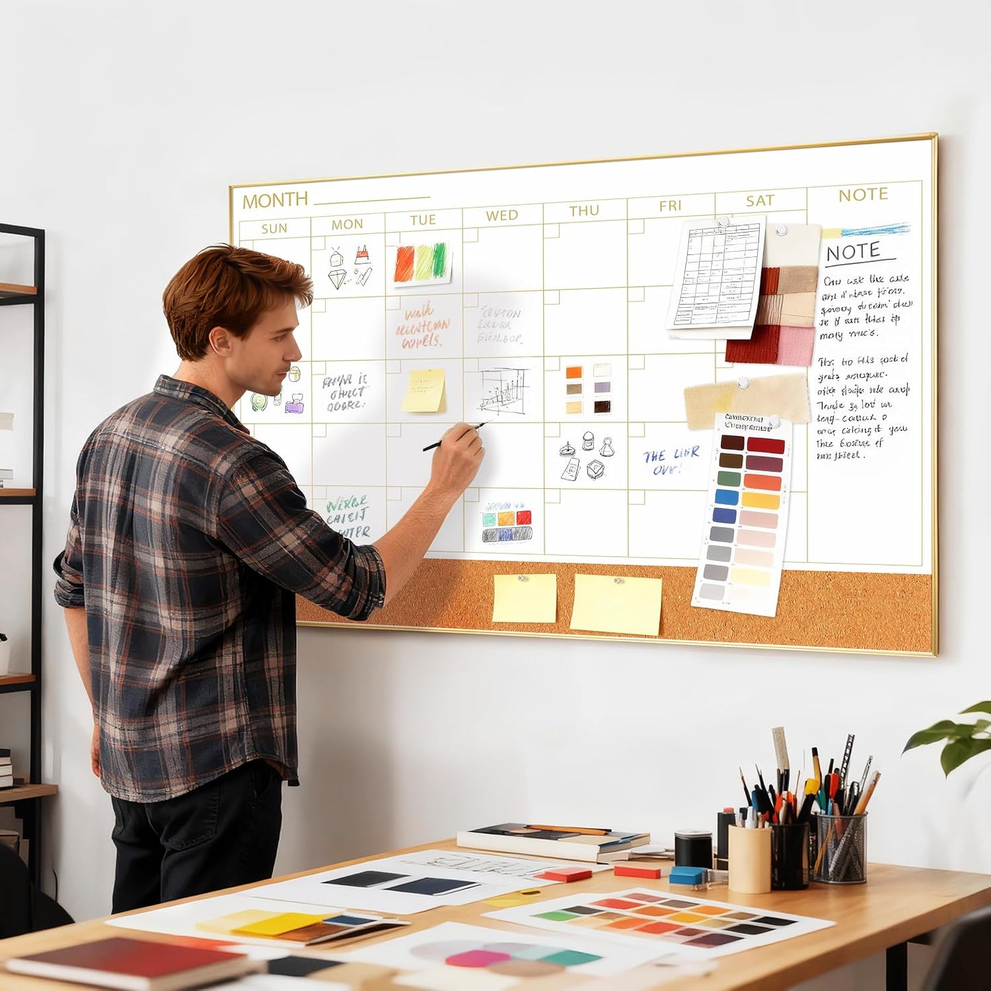 ARCOBIS Dry Erase Calendar with Cork Board for Wall, 24"x 18" Magnetic Calendar Whiteboard with Black Frame, Monthly Combination Board for School, Home, Office