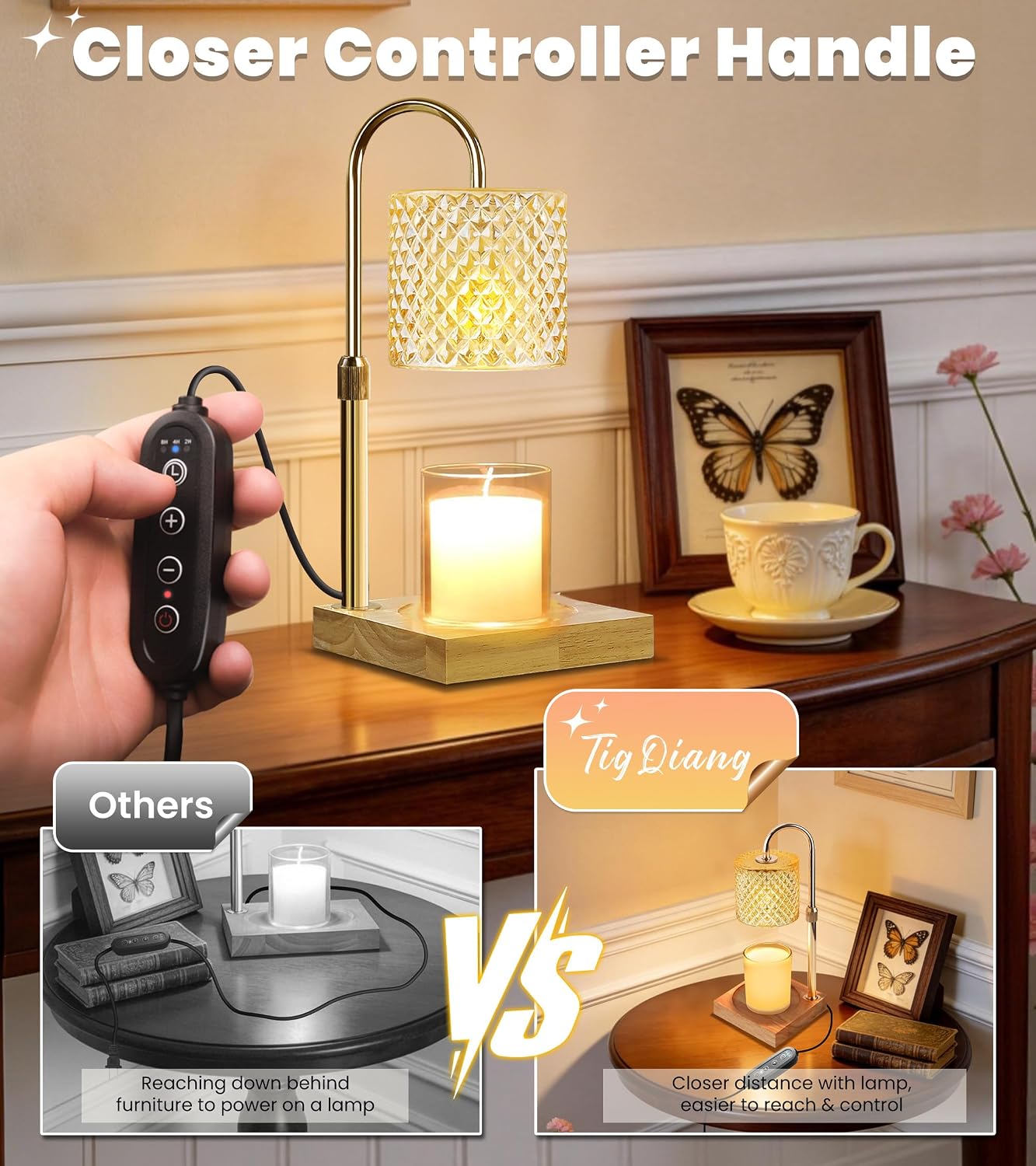 TigQiang Candle Warmer Lamp with Timer Dimmer, Birthday Gifts for Women Mom, House Warming Gifts, Elegant New Home Decor, Wax Warmer for Jar Candles, Heater Lamp for Scented Wax, Amber Glass