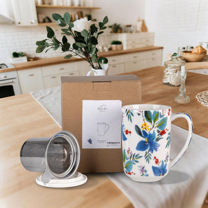AmorArc Porcelain Tea Mug with Infuser and Lids, 18 Oz Large Cup Strainer with Bag Holder for Loose Leaf Tea, Steeping Coffee Mug for House-warming Wedding Birthday Gift