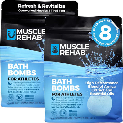 Muscle Rehab Epsom Salt Bath Bombs with Arnica (4 Pack) | Magnesium Recovery Soak for Sore Muscles, Post-Workout Relief & Relaxation | Eucalyptus, Turmeric & Clary Sage Essential Oils