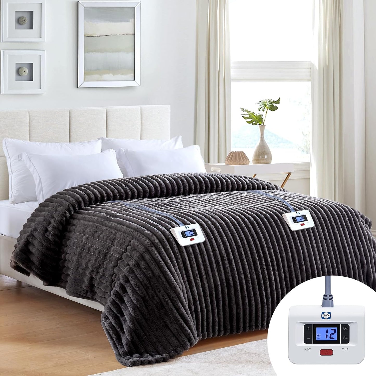 Sealy Electric Blanket Throw Size 50"*60",Super Cozy Faux Fur to Sherpa Reversible Heated Blanket Throw with 6 Heating Levels & 2-10 Hours Auto Off Overheating Protection Machine Washable,Blue White
