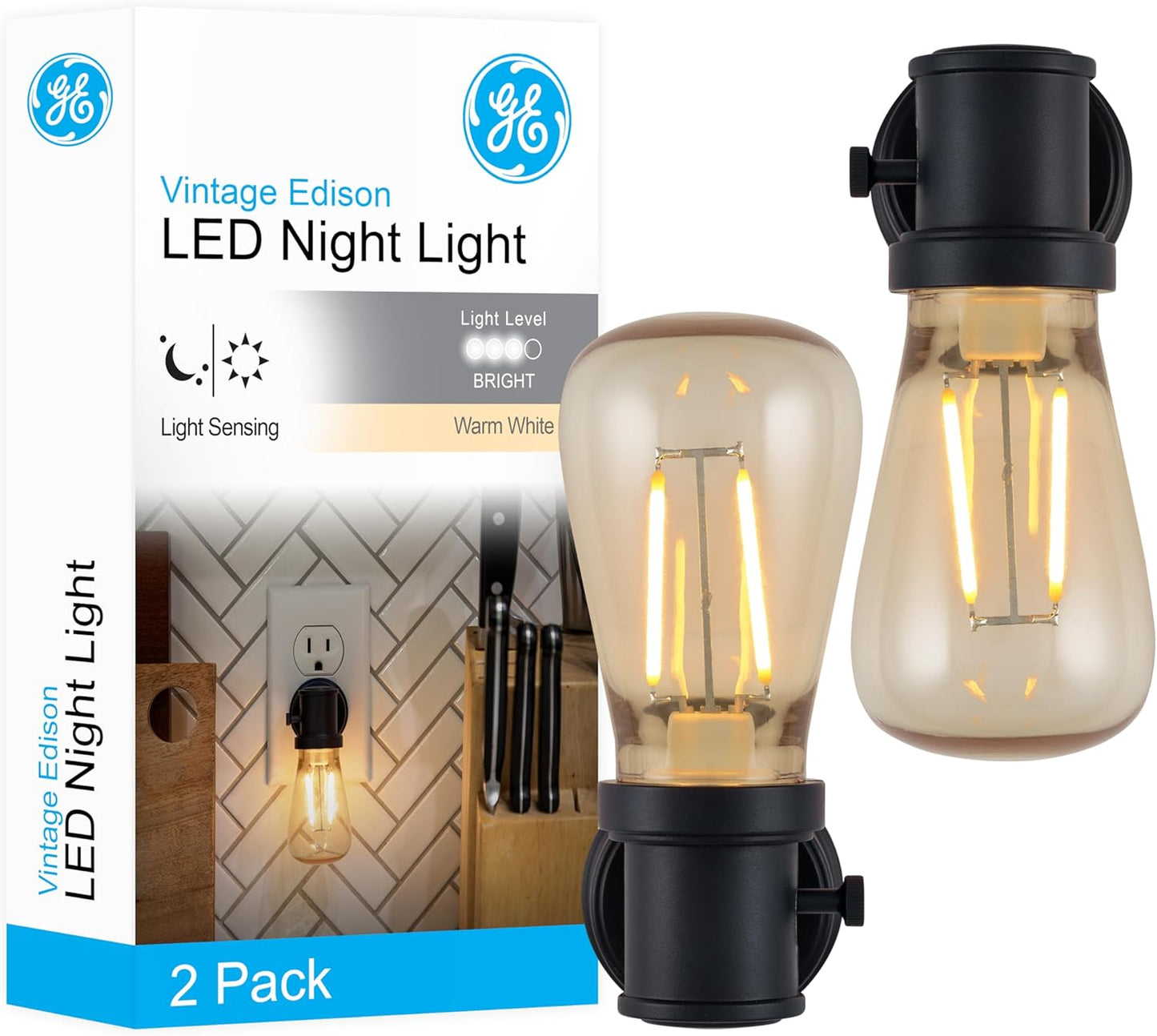 GE Vintage LED Edison Night Lights Plug Into Wall, 2-Pack, Dusk to Dawn Auto Sensor, Warm White, Adjustable Brightness Plug in Nightlight with Manual On/Off/High/Low Switch, Perfect for Adults