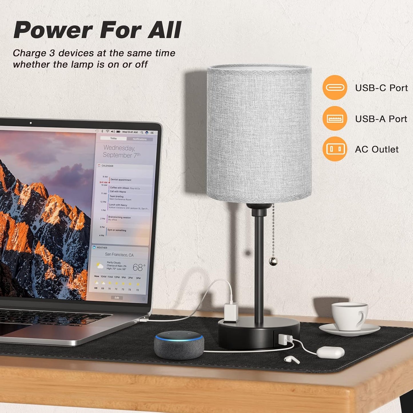 Small Bedside Table lamp for Bedroom - 3 Color Temperatures Bedside Lamps with USB C and A Ports, Pull Chain Table Lamps with AC Outlet, White Nightstand Lamps with Black Metal Base for Kids Reading