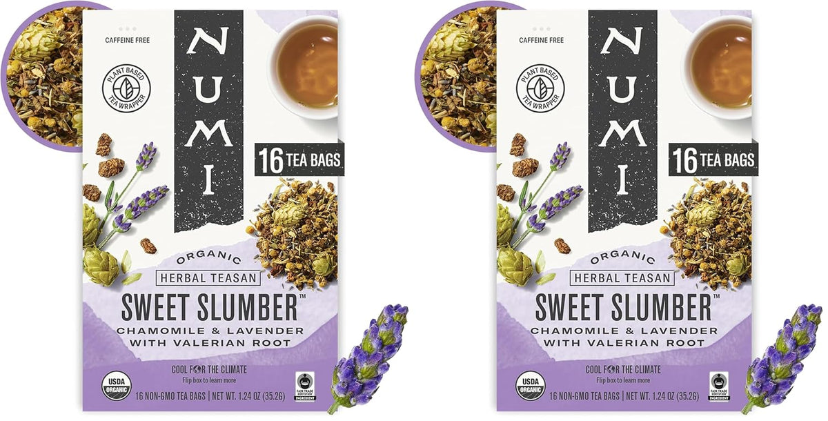 Numi Organic Sweet Slumber Tea with Chamomile, Valerian Root & Lavender, 16 Count Box of Tea Bags Herbal Teasan (Pack of 2)