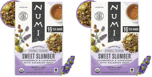 Numi Organic Sweet Slumber Tea with Chamomile, Valerian Root & Lavender, 16 Count Box of Tea Bags Herbal Teasan (Pack of 2)