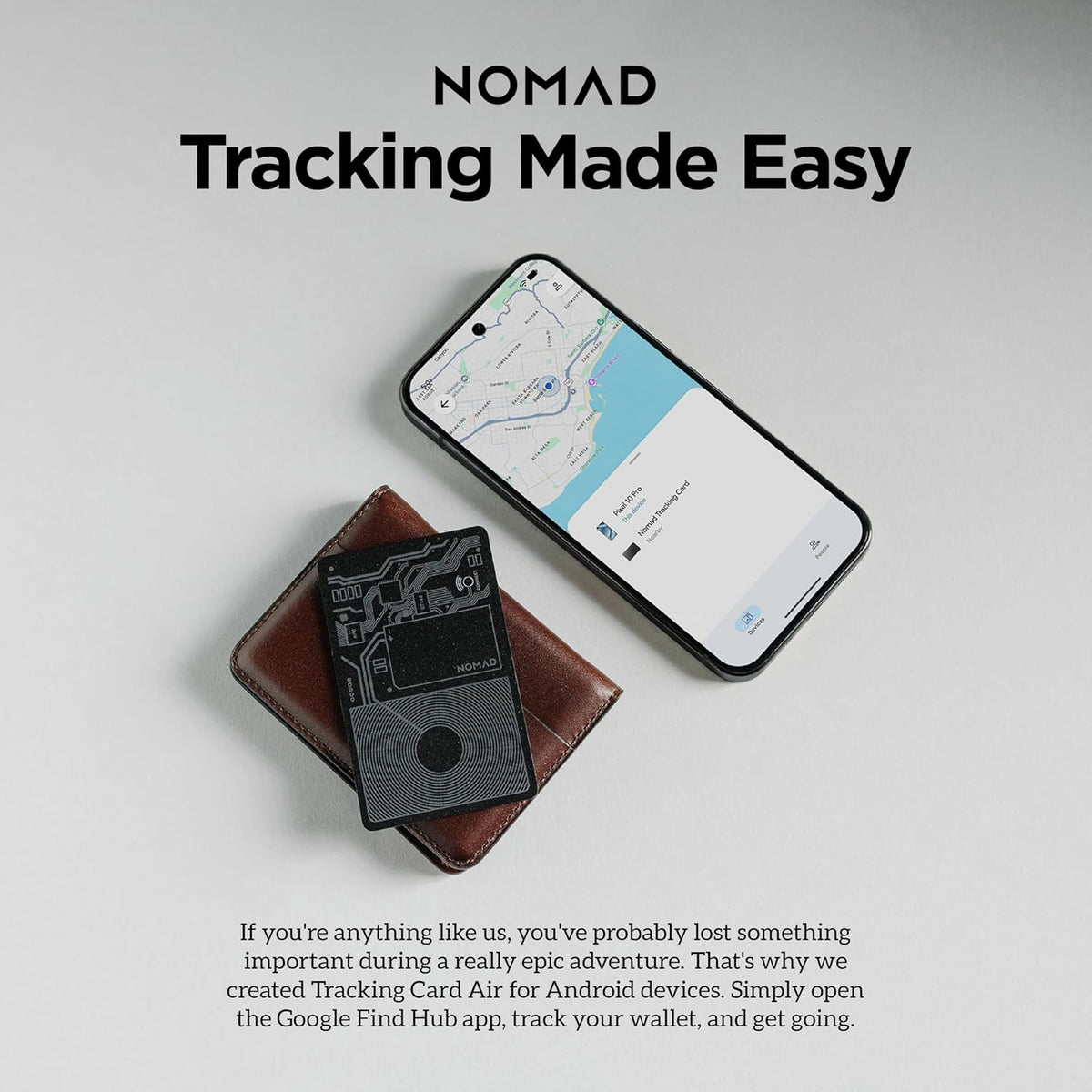 Nomad Tracking Card Air for Android, Slim Wallet Tracker Card Compatible with Google Find Hub, IPX7 Waterproof Rechargeable Card Tracker, 7-Month Battery, 1.7mm Thin, Android OS 9 or Later