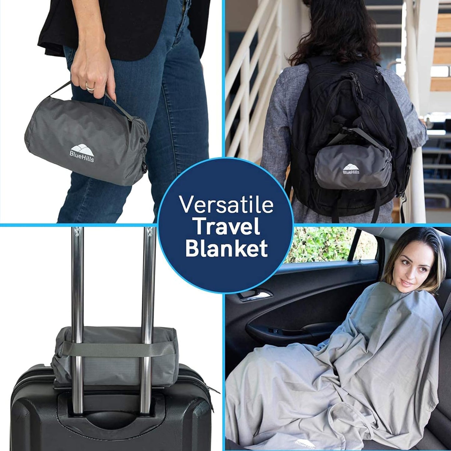 BlueHills Travel Blanket Pillow Compact Lightweight Pocket Size Airplane Traveling Essential Flight Trip Throw in Bag Portable Case Plane Accessory Gray L01