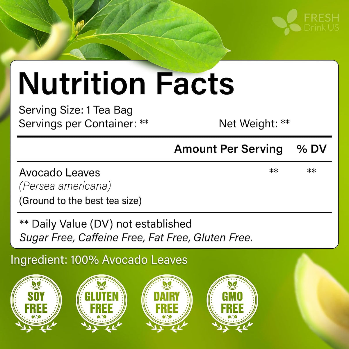 FreshDrinkUS, Avocado Leaf Tea Bags | 75 Count | Premium Dried Avocado Leaves Herbal Tea – Caffeine Free Botanical Tea – Fresh, Smooth & Earthy Flavor. Sugar Free. Vegan