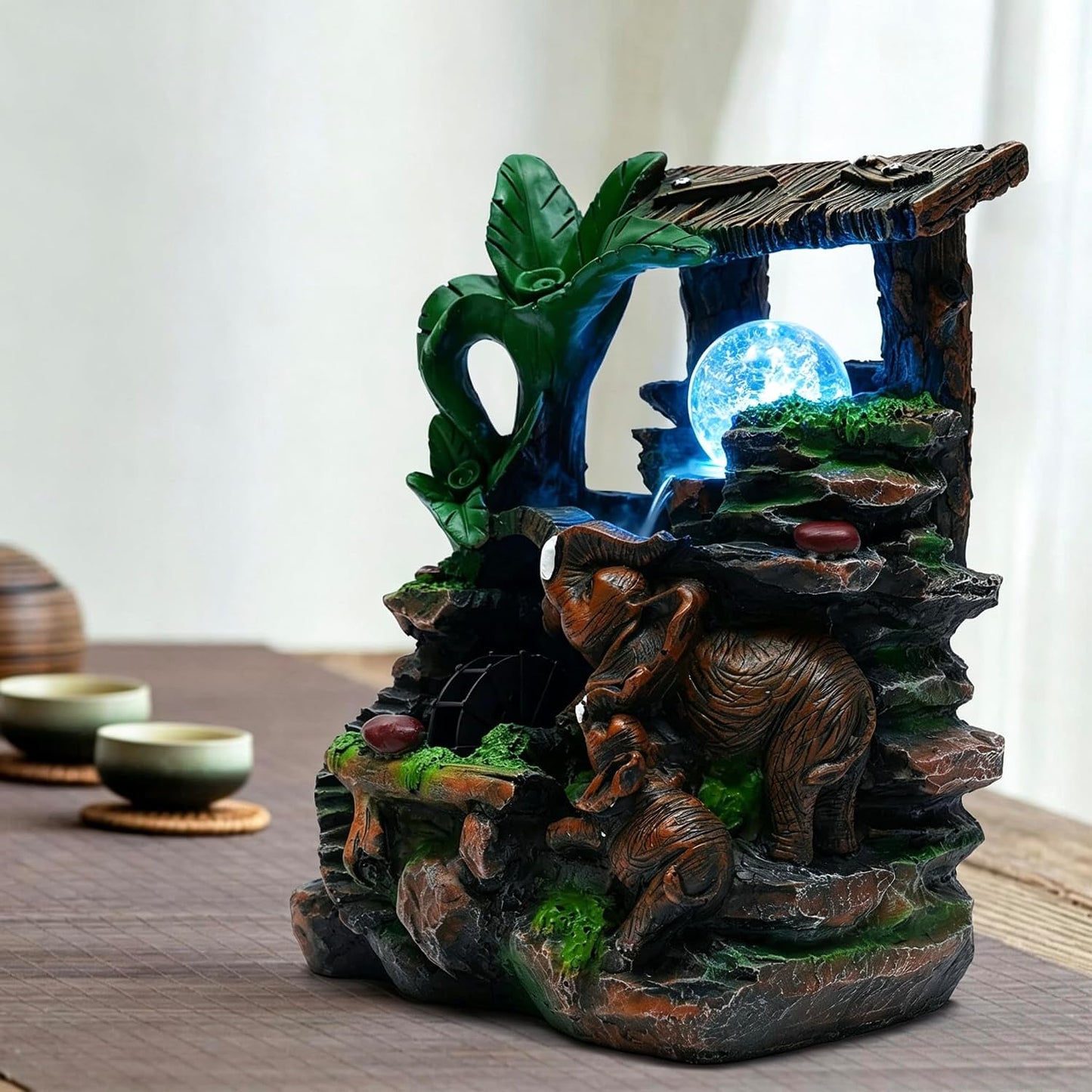 Mini Artificial Bonsai Tree Waterfall Fog Feature Rock Tabletop Fountain | 11in Desktop Decor Waterfall Fountain W/ Water Pump& Atomizer&LED Lights &Fake Tree Office Bedroom Relax