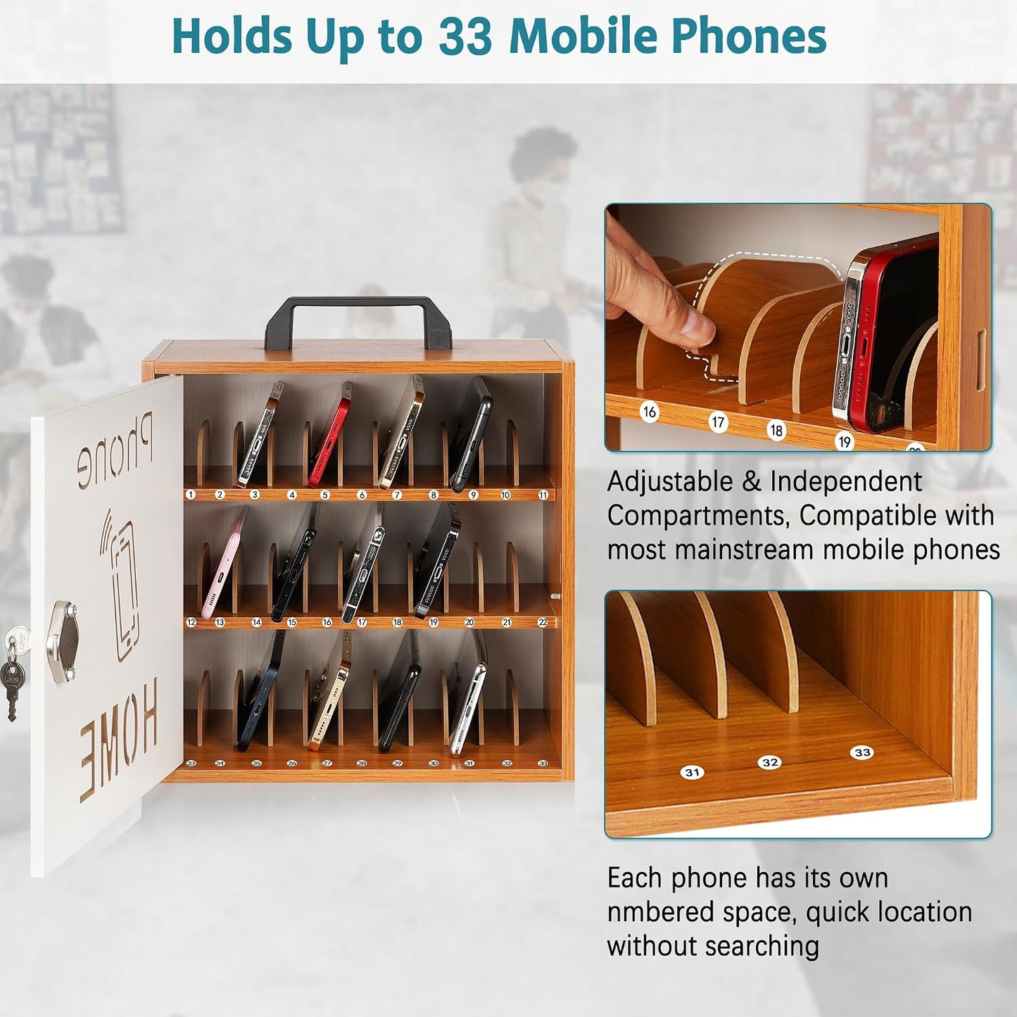 Wooden Phone Lock Box, Cell Phone Locker with 33 Adjustable Dividers | Phone Storage Cabinet with Security Lock & Handle, Desktop Phone Organizer for Classroom, Office & Repair Shops