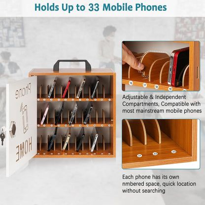 Wooden Phone Lock Box, Cell Phone Locker with 33 Adjustable Dividers | Phone Storage Cabinet with Security Lock & Handle, Desktop Phone Organizer for Classroom, Office & Repair Shops