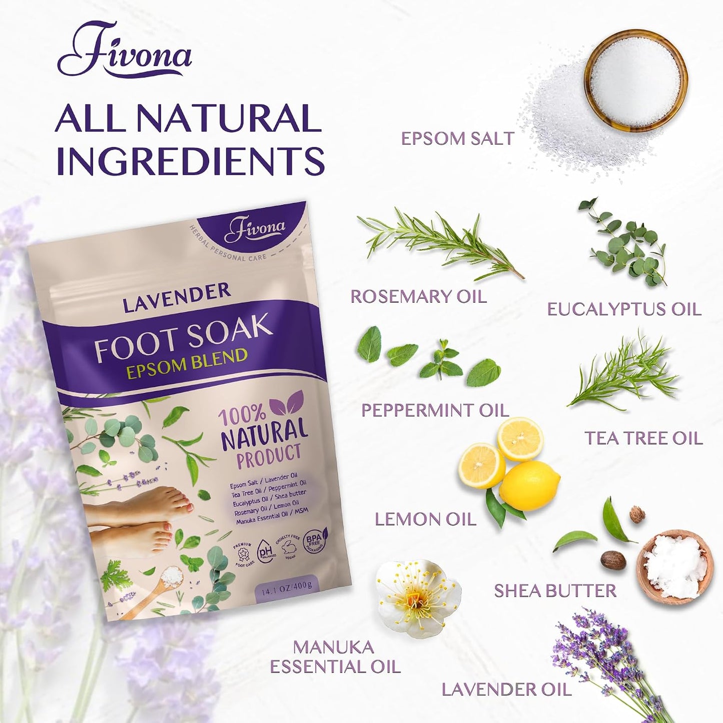 Fivona Tea Tree Foot Soak Blend 14.1 oz - Epsom Salt with Essential Oils for Healthy Toenails, Soothing Relief, Callus Softening - Pedicure Therapy for Soft, Rejuvenated Feet