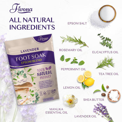 Fivona Tea Tree Foot Soak Blend 14.1 oz - Epsom Salt with Essential Oils for Healthy Toenails, Soothing Relief, Callus Softening - Pedicure Therapy for Soft, Rejuvenated Feet