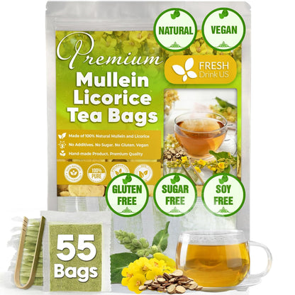 FreshDrinkUS, Premium Mullein Licorice 55 Tea Bags, 100% Natural, Blend of Mullein Leaves, and Licorice Root. No Sugar, Vegan.