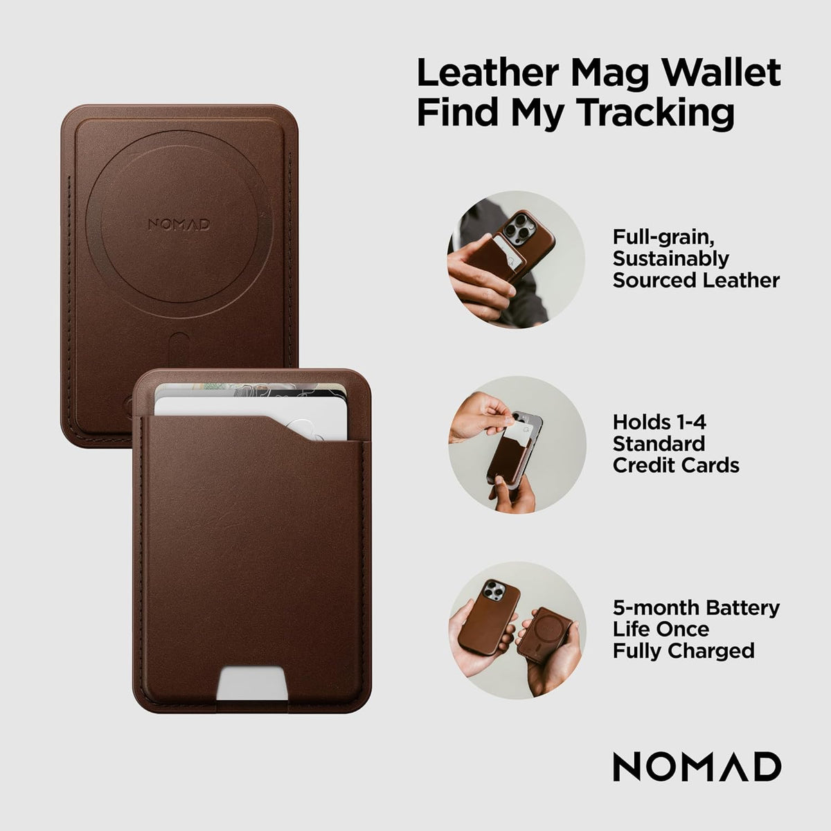 Nomad Leather Black Magsafe Wallet w/Integrated Tracking for iPhone, Slim Magsafe Card Holder for iPhone, Wallet GPS Tracker Card 5 Months Battery Life, Rechargeable, Compatible with iOS Only