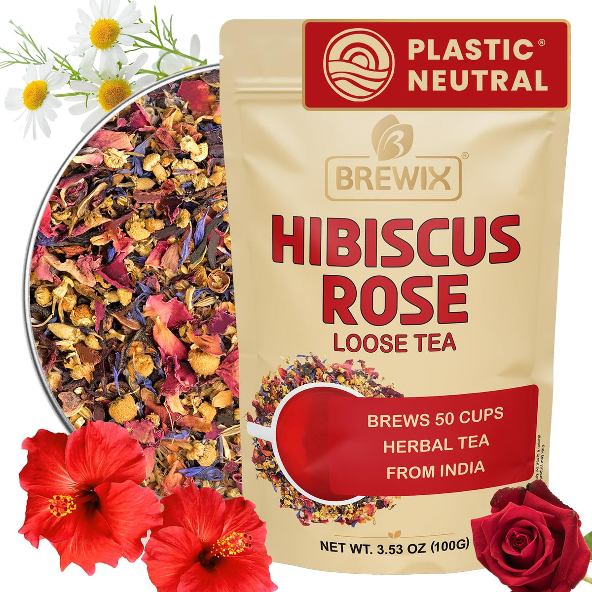 BREWIX, Hibiscus Rose Herbal Loose Tea (50+ Cups) | 100% Natural, Handmade, Pure from Hibiscus Flowers | Hibiscus with Rose Petals, Chamomile and Exotic Spices | Supports Everyday Wellness, Digestion and Cardiovascular System | Rich in Antioxidants &