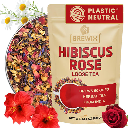 BREWIX, Hibiscus Rose Herbal Loose Tea (50+ Cups) | 100% Natural, Handmade, Pure from Hibiscus Flowers | Hibiscus with Rose Petals, Chamomile and Exotic Spices | Supports Everyday Wellness, Digestion and Cardiovascular System | Rich in Antioxidants &