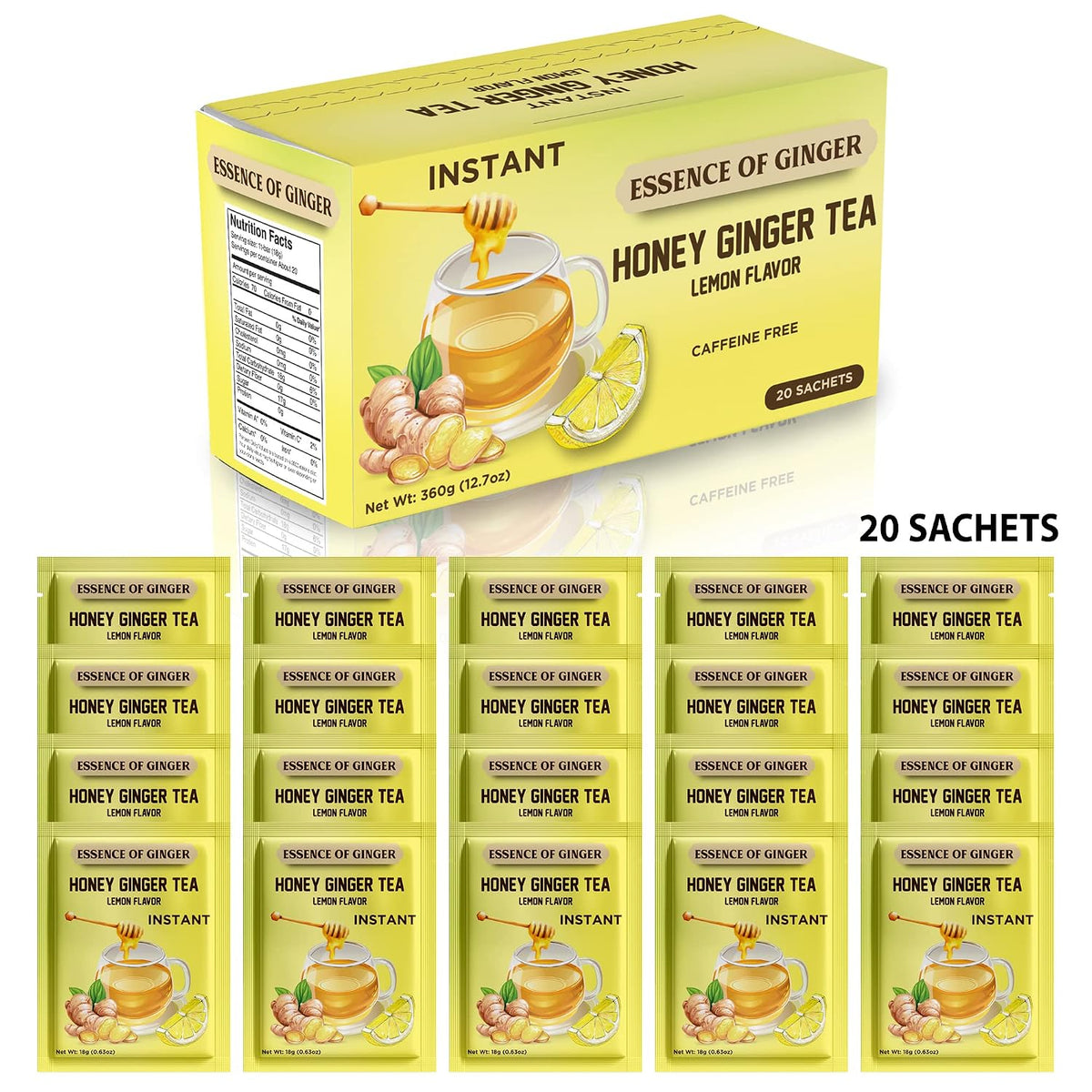 Natural Honey Lemon Ginger Herbal Tea 20 Sachet Packets Instant Beverage 18 Grams Made With Real Pure Honey, Fresh Ginger Root and Refreshing Lemon Citrus - Caffeine Free