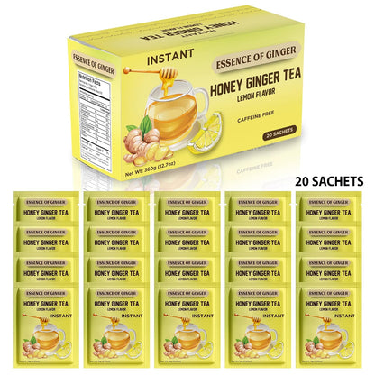 Natural Honey Lemon Ginger Herbal Tea 20 Sachet Packets Instant Beverage 18 Grams Made With Real Pure Honey, Fresh Ginger Root and Refreshing Lemon Citrus - Caffeine Free