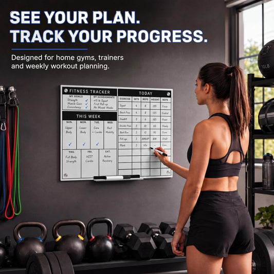 Lincia 24 x 18 Inch Glass Workout Whiteboard for Home Gym, Dry Erase Fitness Planner Board, Weekly Exercise Tracker and Goal Chart, Frameless Wall Mounted Gym Whiteboard with Markers, Eraser and Tray