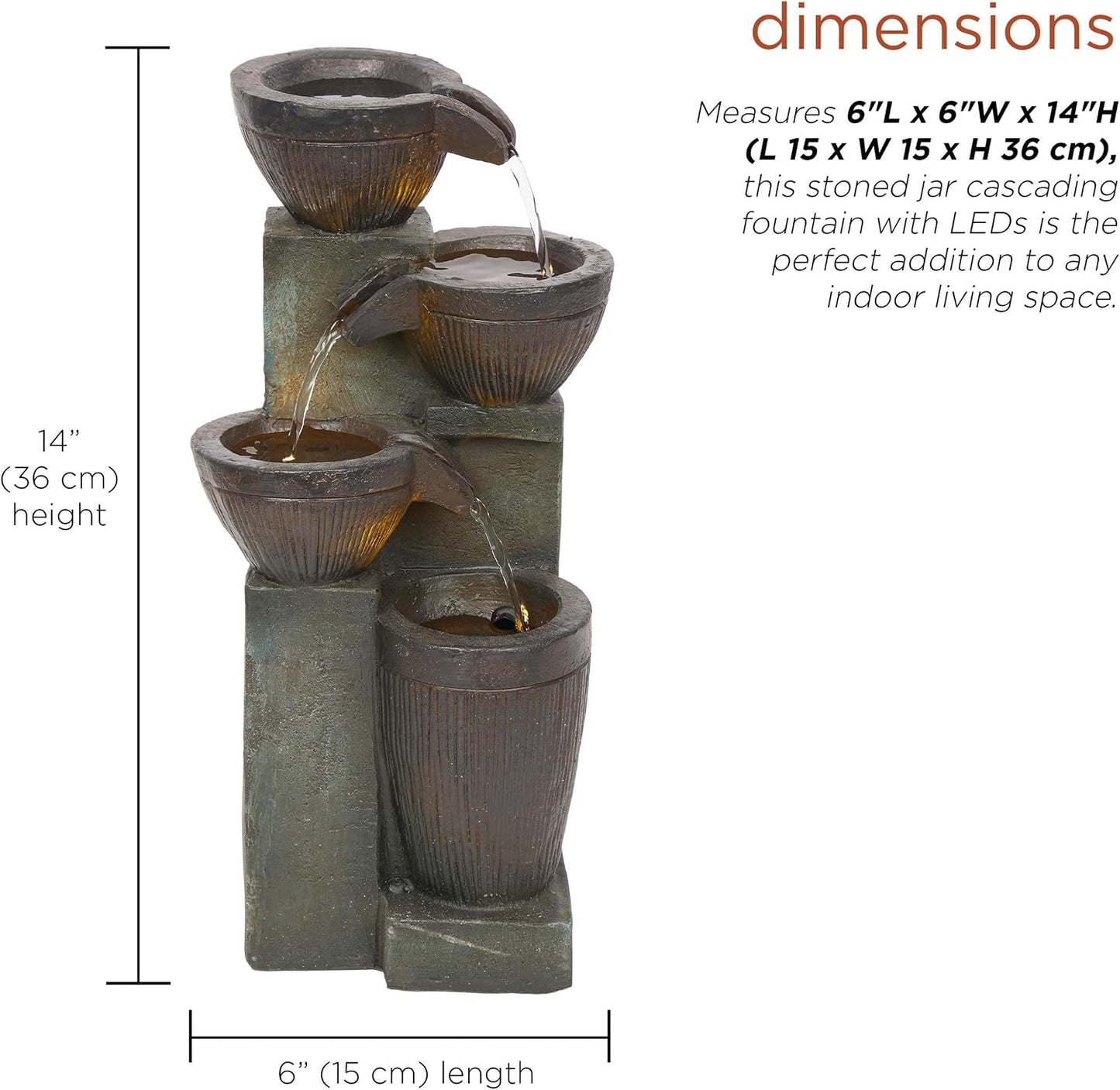 Alpine Corporatio 14" Tall Stoned Jar Cascading Water Fountain with LED Lights, Elegant Tabletop Water Feature for Home, Office, Living Room, and Bedroom Decor, Gray