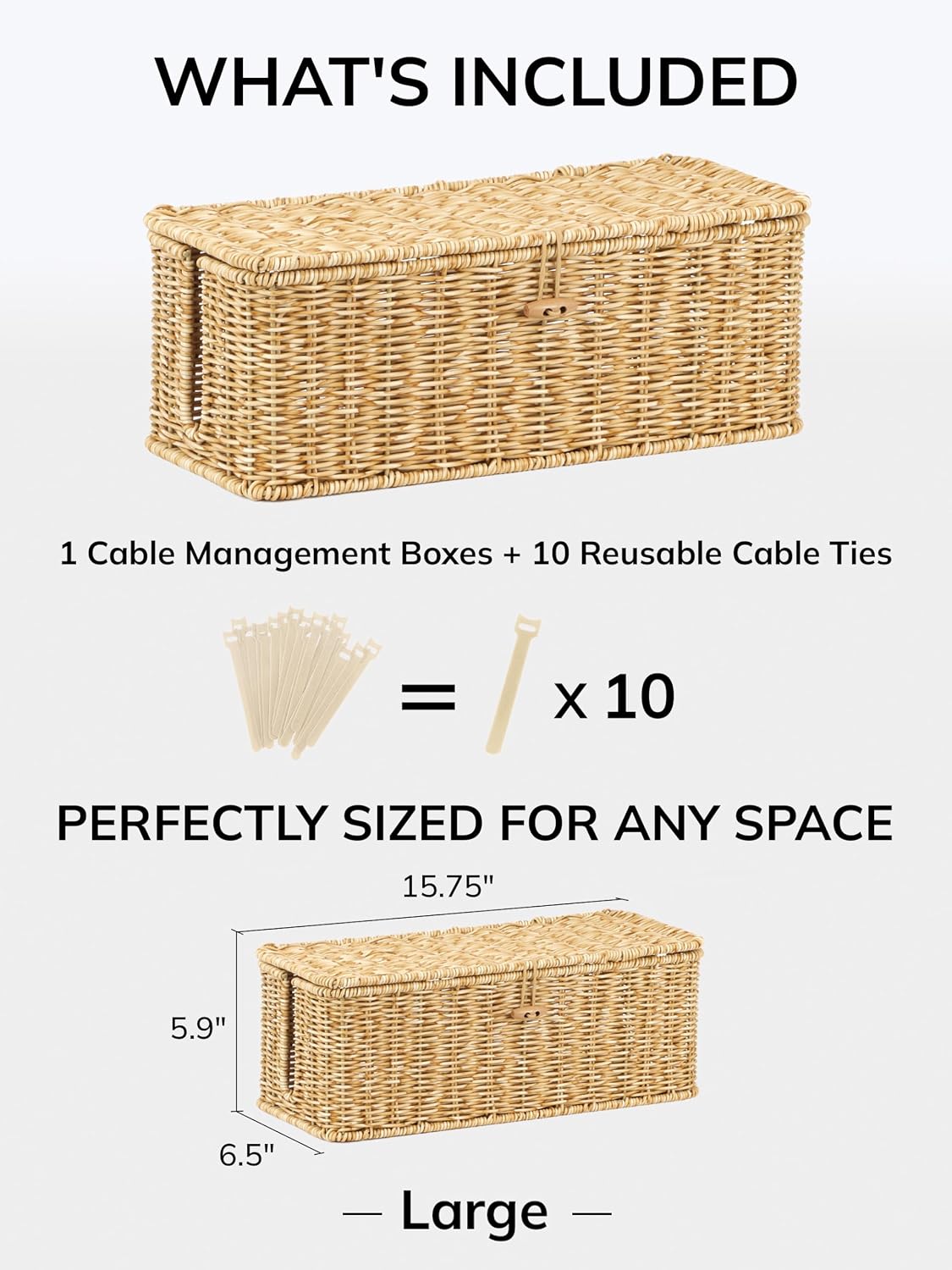 Cable Management Box, Cord Organizer with Lid & Cable Ties - Brown, L