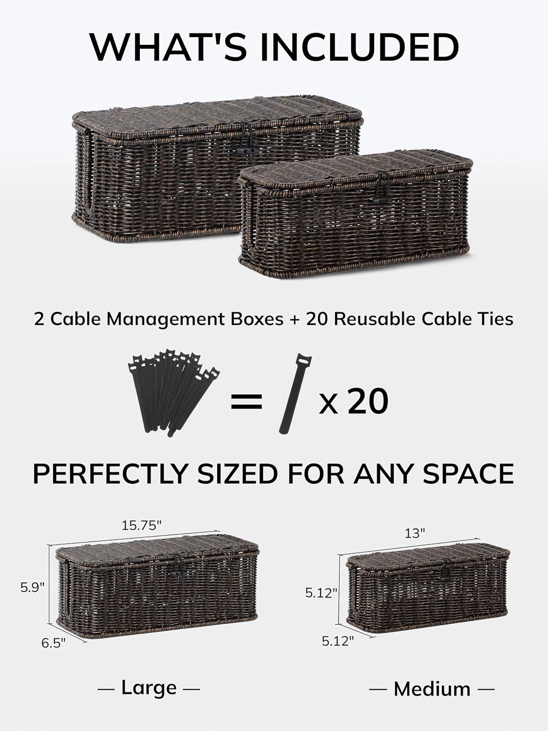 Cable Management Box, Cord Organizer with Lid & Cable Ties - Brown, L