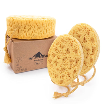 myHomeBody Bath Sponge, Foam Loofah, Body Scrubber for Bathing, Exfoliating Shower Pouf for Shower – Large Size, Lots of Lather, Curvy, 3 Pack
