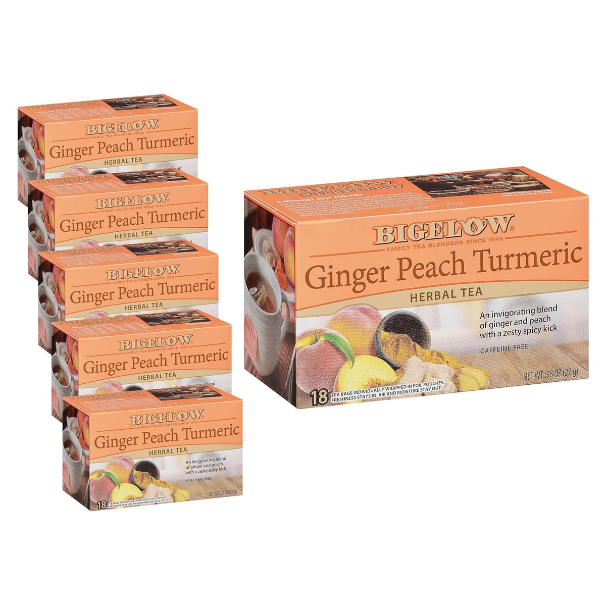 Bigelow Tea Ginger Peach Turmeric Herbal Tea, 18 Count (Pack of 6)