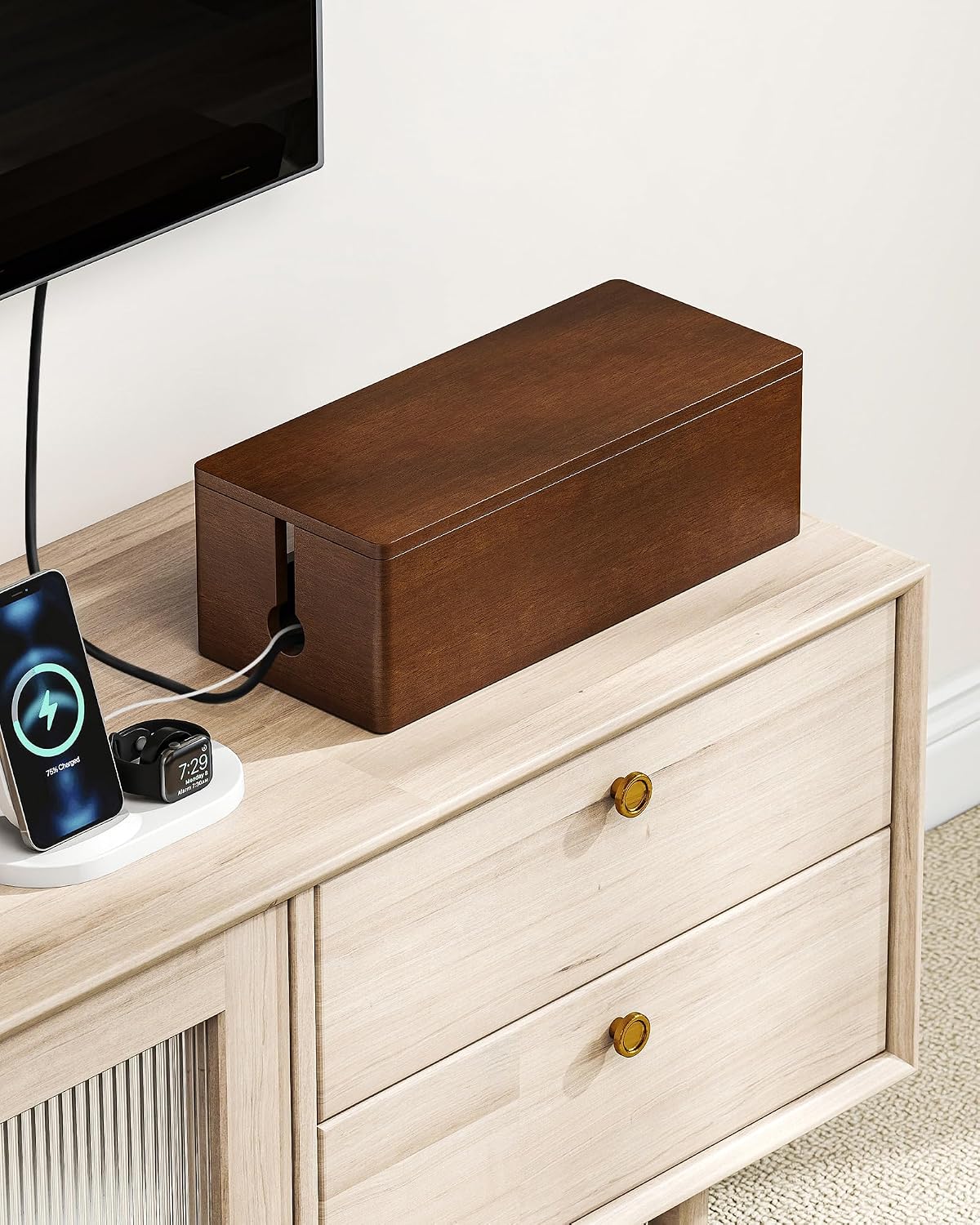 YECAYE Solid Wood Cable Management Box, Walnut Color, 14.2 x 6.1 x 4.1