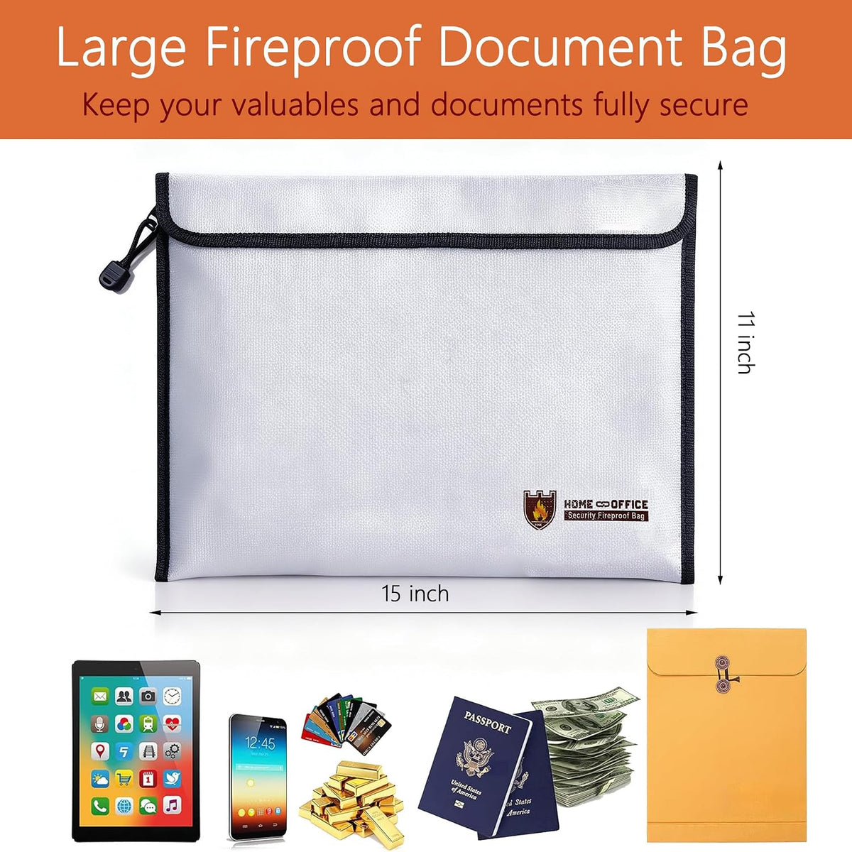 Fireproof Document Bag, 15 x 11 Inch Waterproof Document Pouch with Zipper
