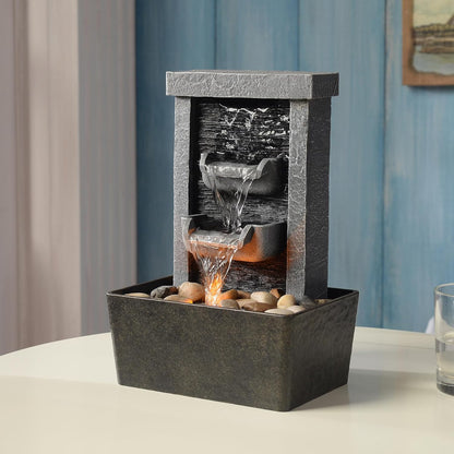GOSSI Indoor Waterfall Fountain, 10.3" Tabletop Water Fountain with LED Lights & River Rocks, Relaxing Home Office Decor