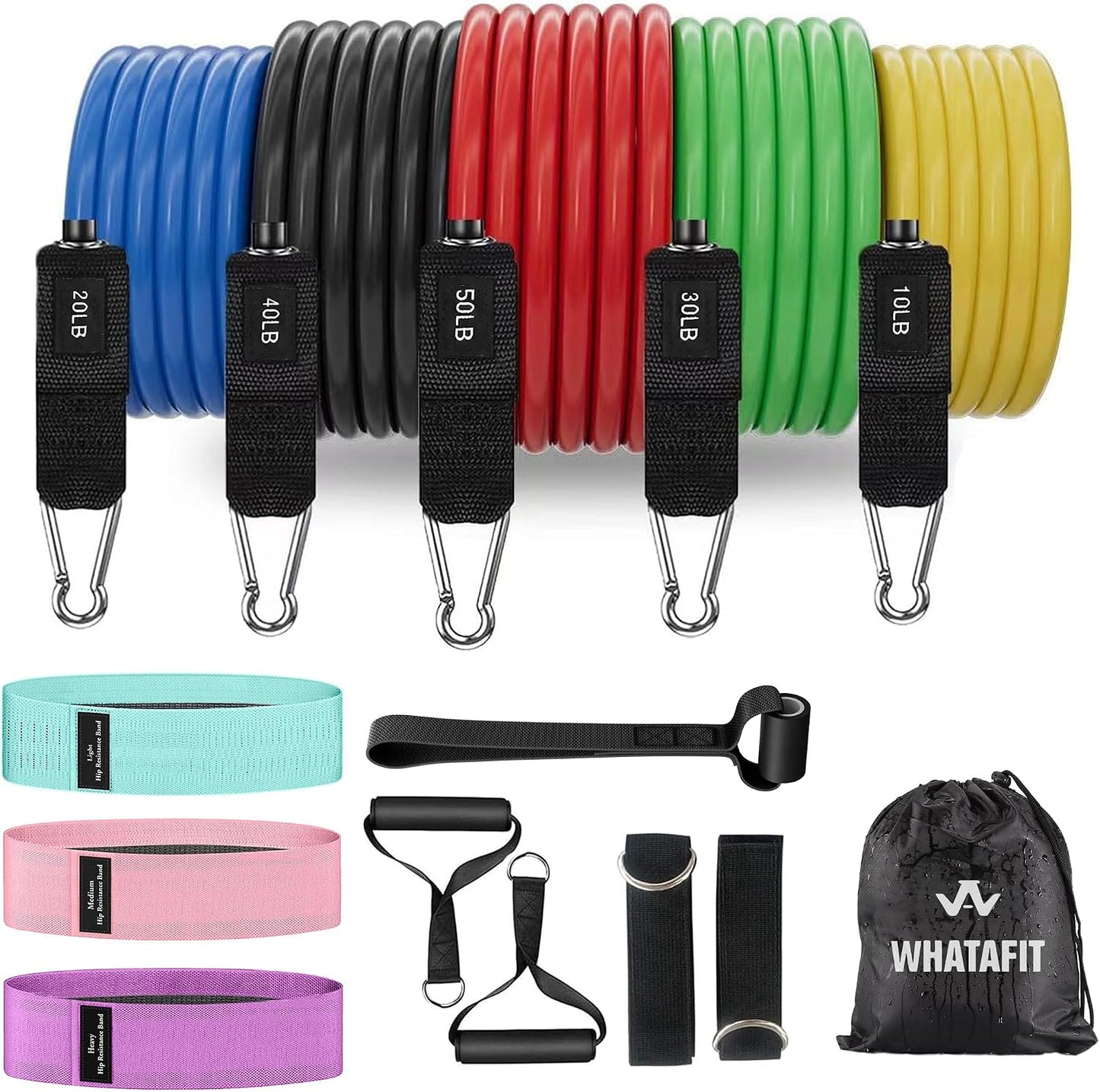WHATAFIT Resistance Bands, Exercise Bands, Workout Bands with Handles, Door Anchor and Ankle Straps, 5 Resistance Levels Fitness Bands for Strength Training, Physical Therapy, and Home Gym Equipment