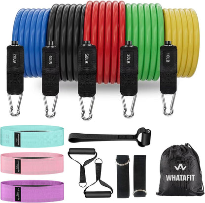 WHATAFIT Resistance Bands, Exercise Bands, Workout Bands with Handles, Door Anchor and Ankle Straps, 5 Resistance Levels Fitness Bands for Strength Training, Physical Therapy, and Home Gym Equipment