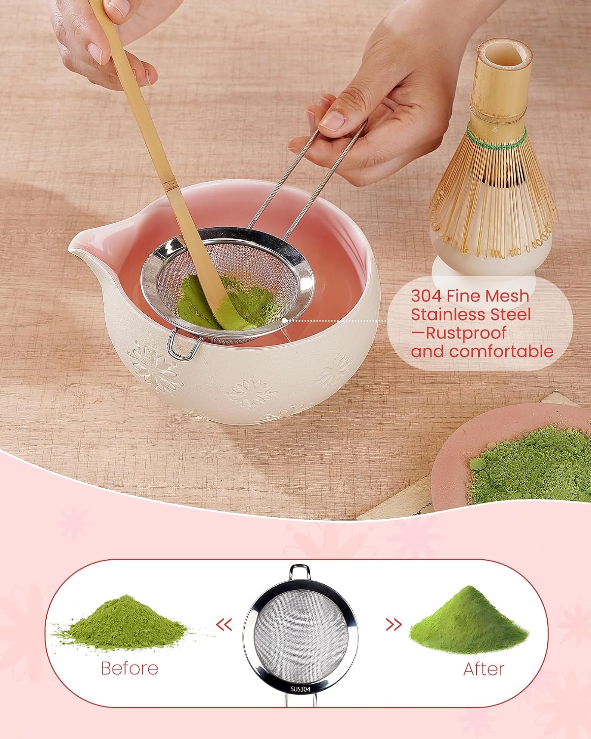 ZENS Matcha Whisk Set, Matcha Kit Set, Matcha Bowl with Spout, Bamboo Whisk & Scoop, Chasen Holder, 304 Sifter & Tea Mat, 6pcs Japaness Matcha Kit for Matcha Lovers, Birthday Gift, Pale Green