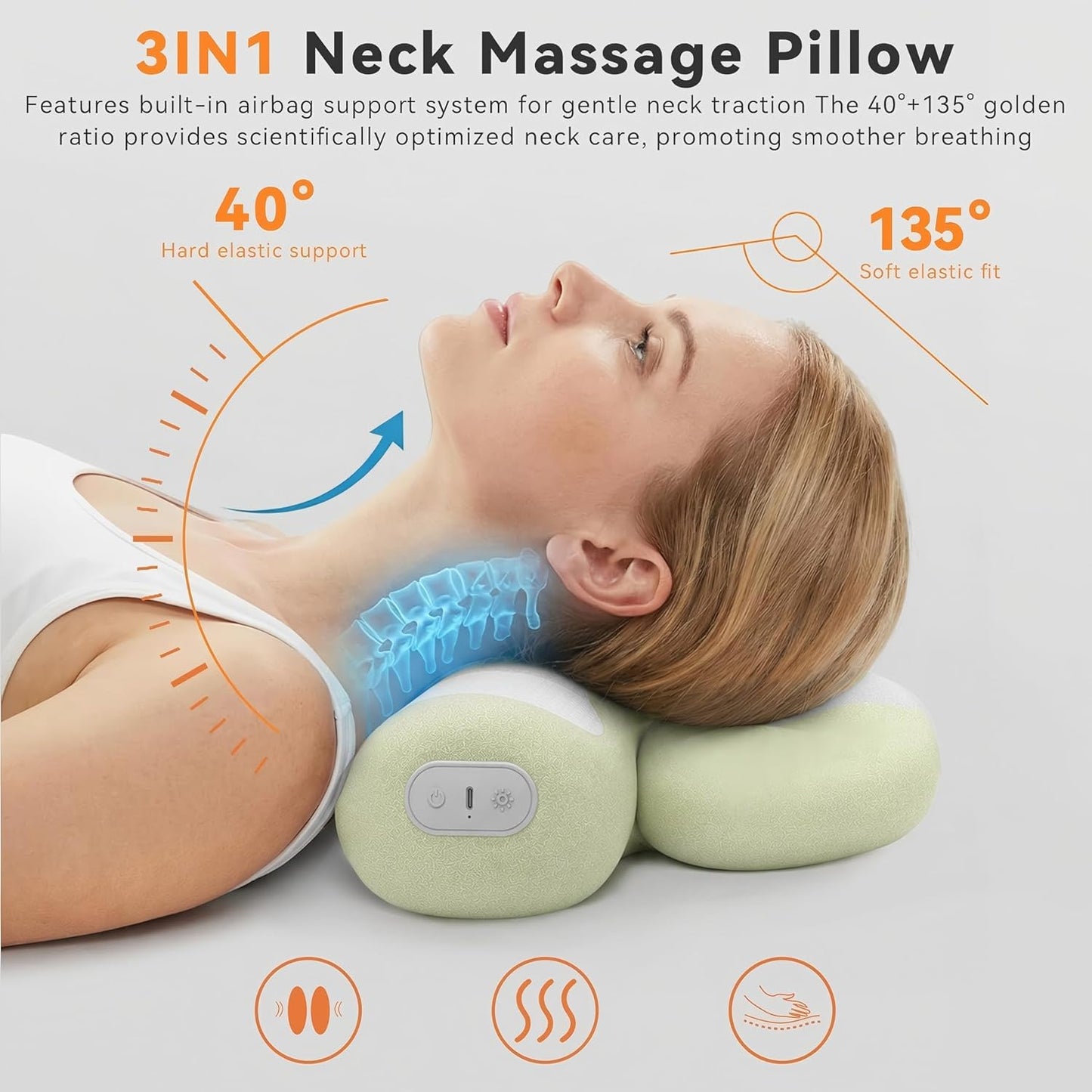 Yunari 3-in-1 Cordless Cervical Neck Support Pillow with Gentle Heat and Airbag Compression, Ergonomic Vibration Pillow for Home, Office and Travel Relaxation (Grey)