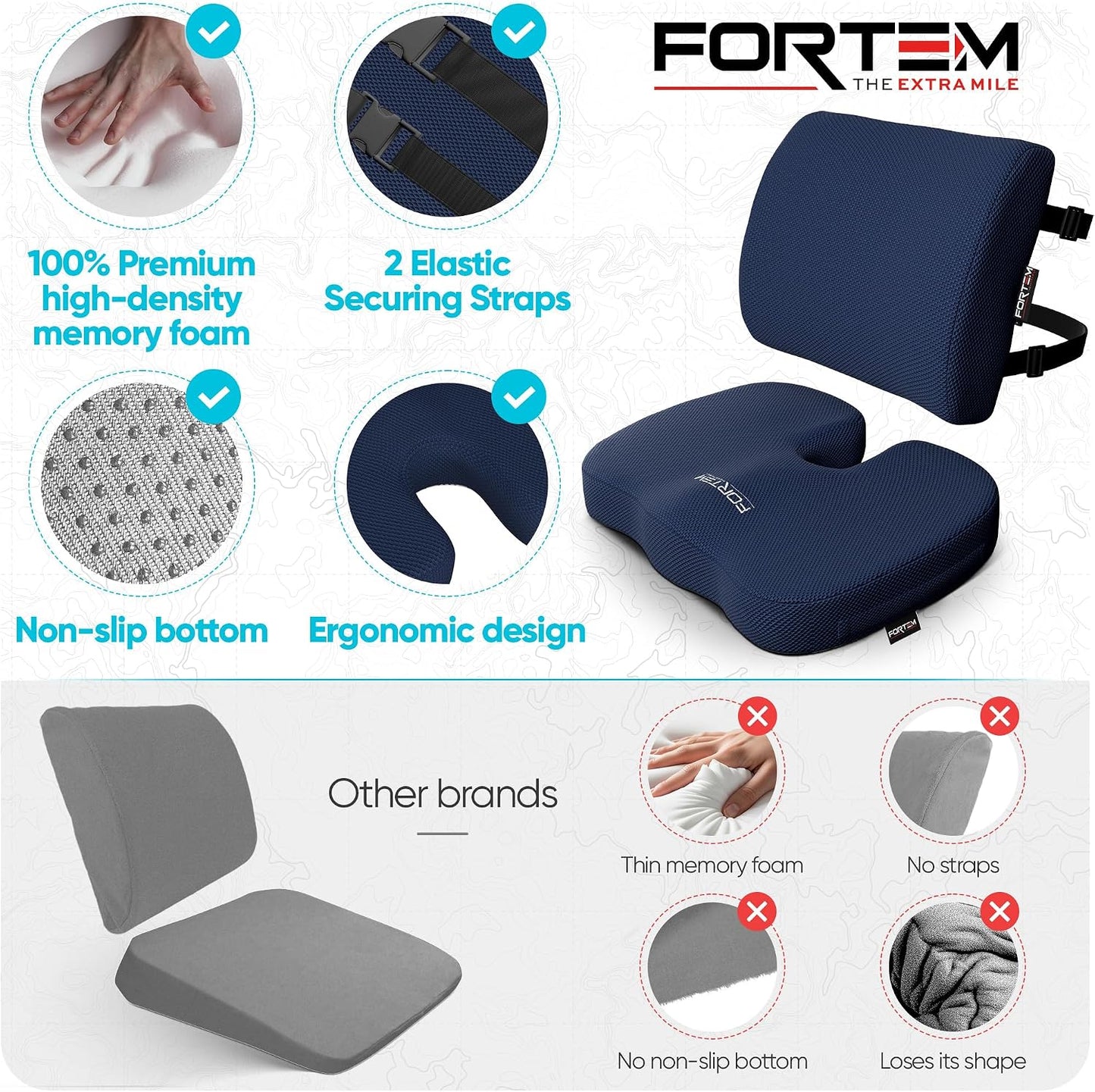 FORTEM Seat Cushion, Office Chair Cushion, Lumbar Support Pillow for Office Chair, Memory Foam Car Seat Cushions, Sciatica Coccyx Tailbone Pain Relief, Cushions for Back Support, Washable, Non Slip