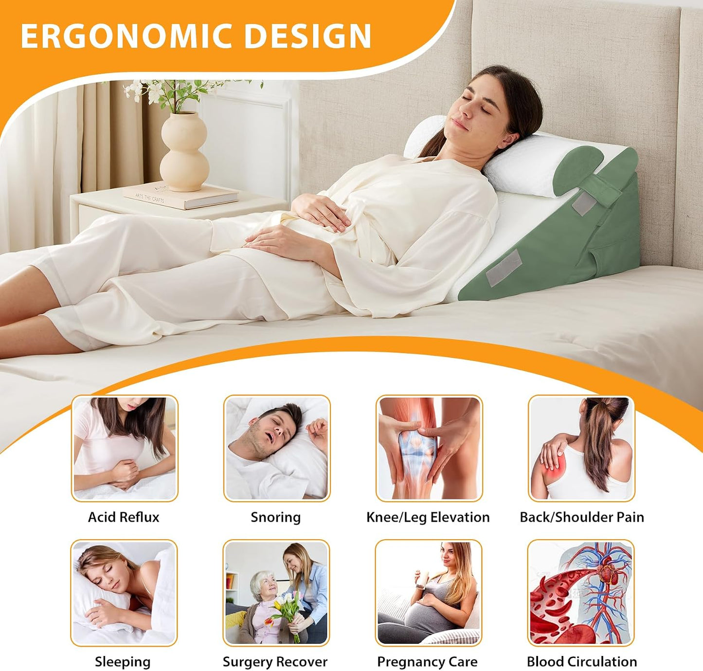 Ruqmuis Wedge Pillow Set for After Surgery, 3PCS Adjustable 9&12 Inch Bed Wedge Pillow for Sleeping, Incline Pillow Wedge for Headboard, Post Surgery, Acid Reflux, Neck&Back Support, White/Grey